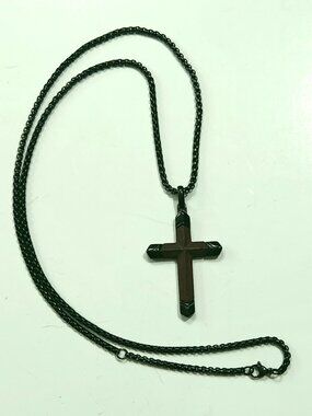 Santos Mahogany Wood Cross Inset In Black Stainless Steel Matching Box Chain 25"